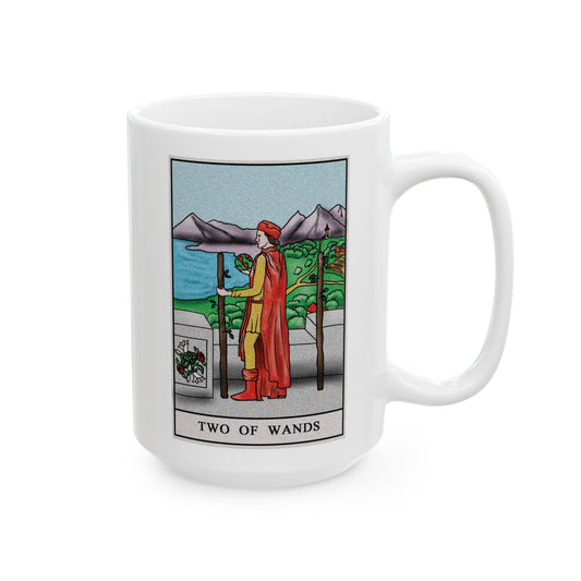 Two of Wands Tarot Card Coffee Mug - Double Sided White Ceramic 15oz by TheGlassyLass.com