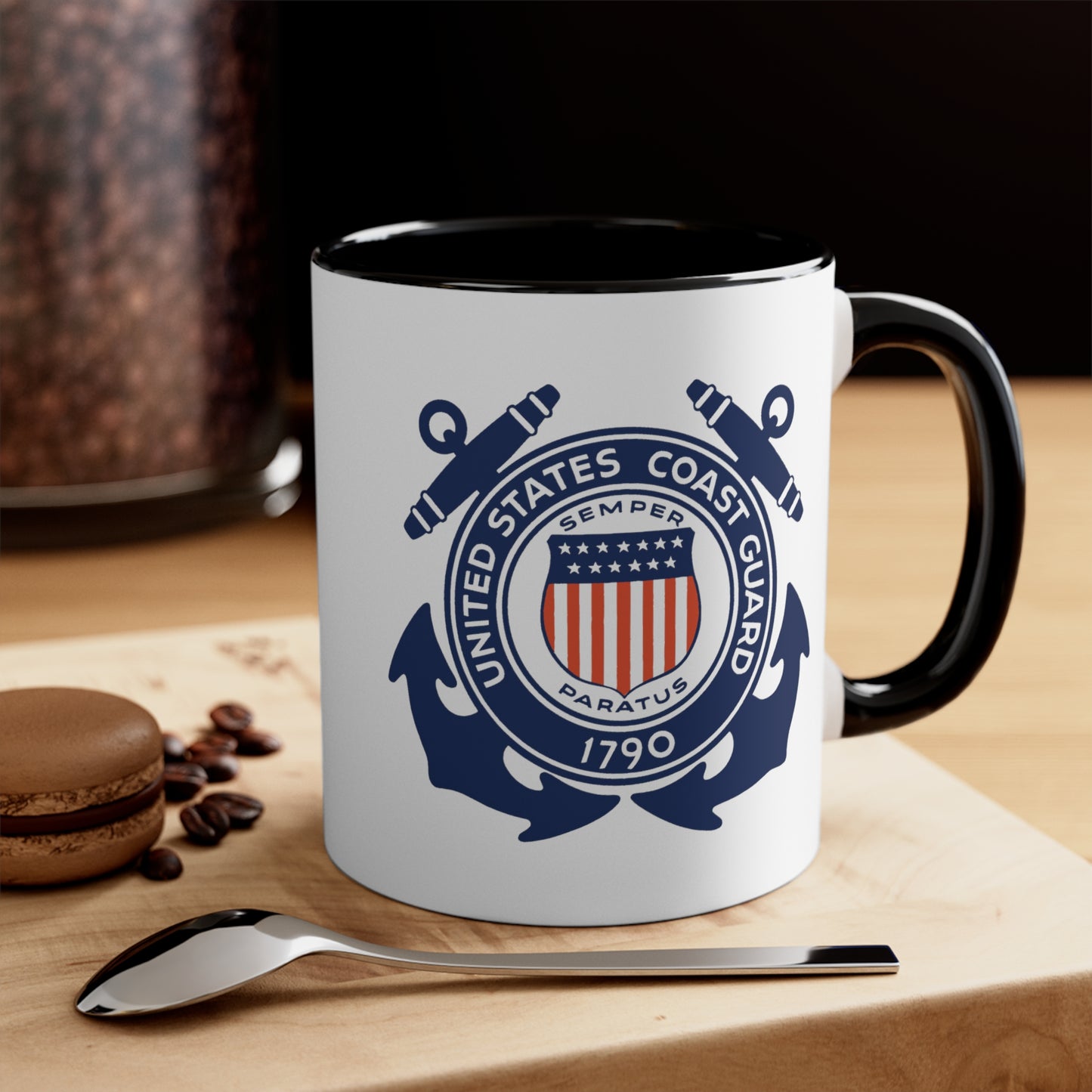 US Coast Guard Seal Coffee Mug - Double Sided Black Accent White Ceramic 11oz by TheGlassyLass.com