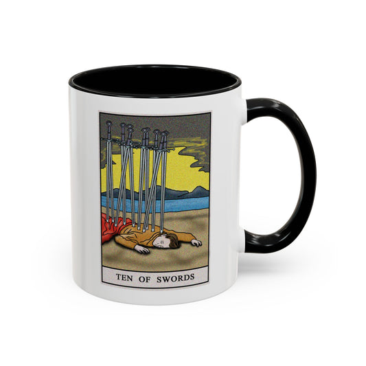 Ten of Swords Tarot Card Coffee Mug - Double Sided Print, Black Accent White Ceramic, 11oz by TheGlassyLass.com