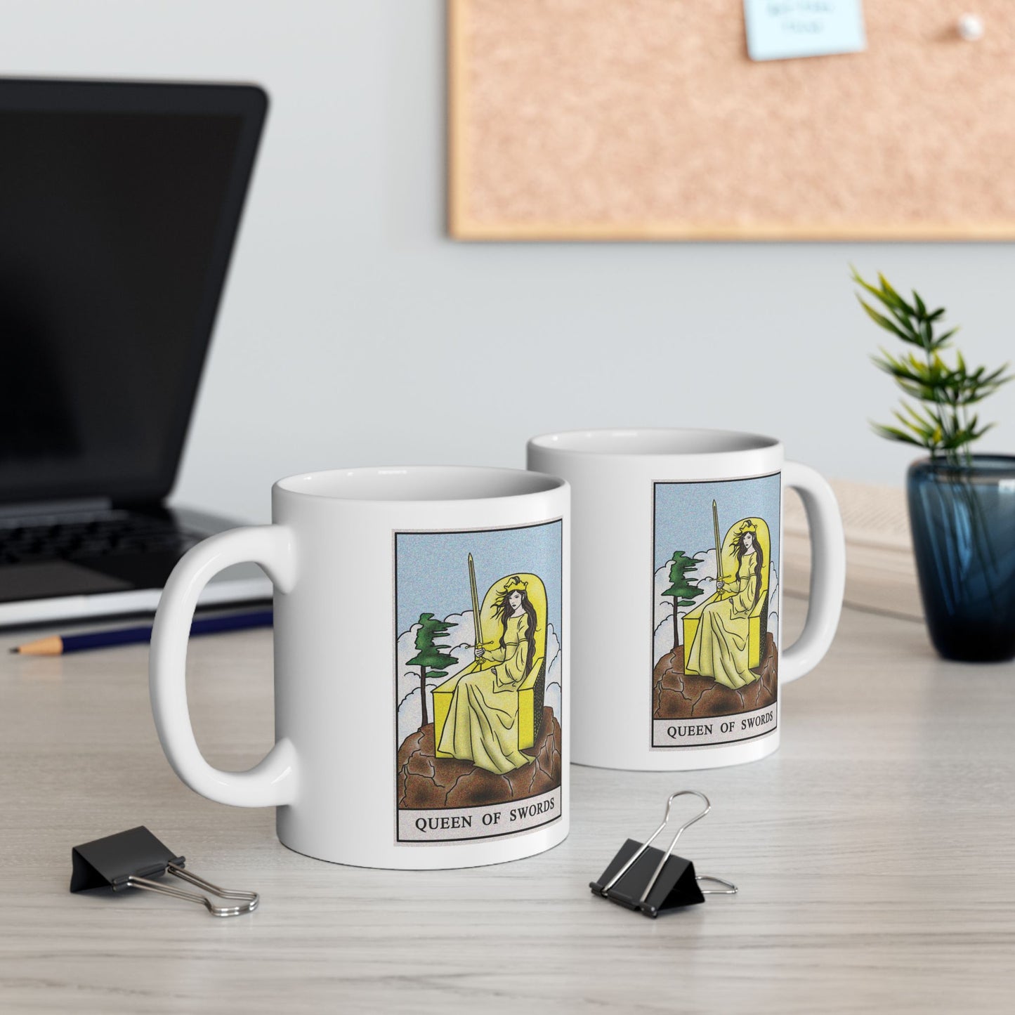 Queen of Swords Tarot Card Coffee Mug - Double Sided Print, White Ceramic, 11oz by TheGlassyLass.com