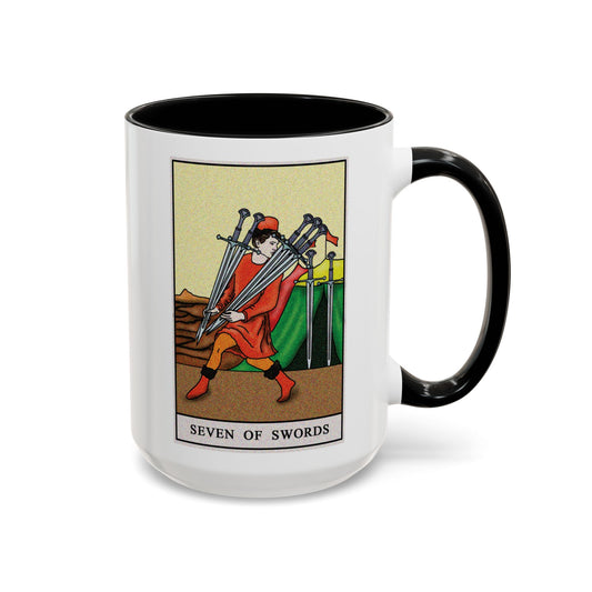 Seven of Swords Tarot Card Coffee Mug - Double Sided Black Accent White Ceramic 15oz by TheGlassyLass.com