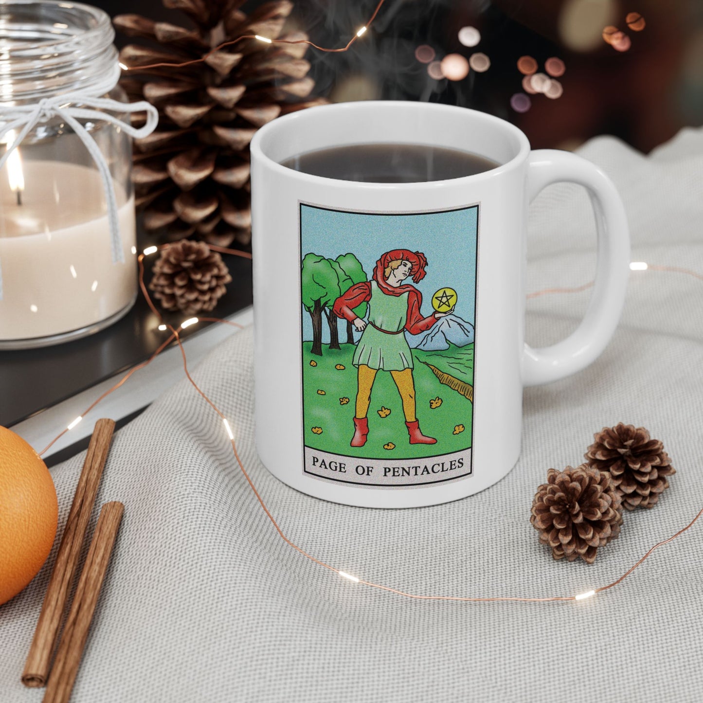 Page of Pentacles Tarot Card Coffee Mug - Double Sided Print, White Ceramic, 11oz by TheGlassyLass.com