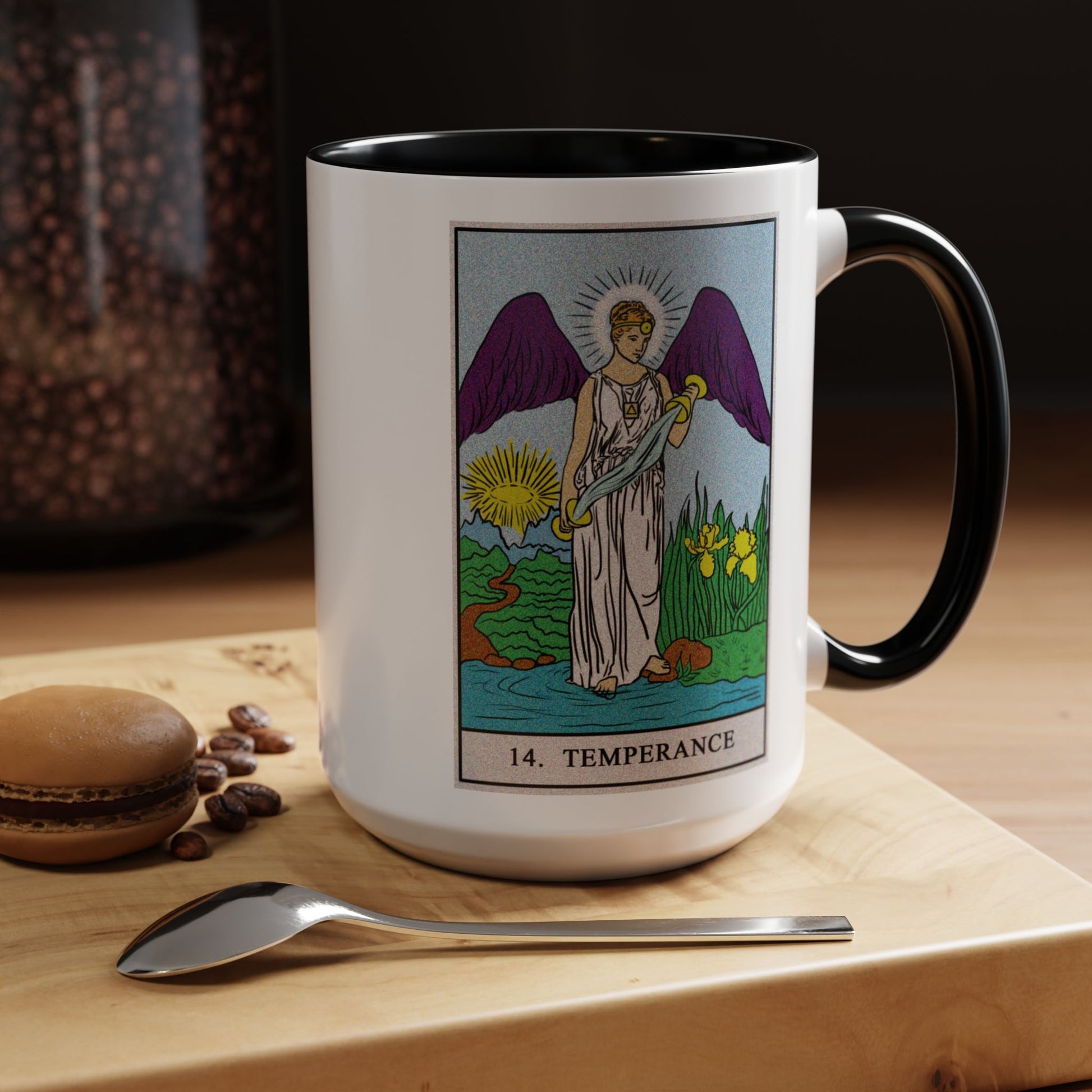 Temperance Tarot Card Coffee Mug - Double Sided Black Accent White Ceramic 15oz by TheGlassyLass.com