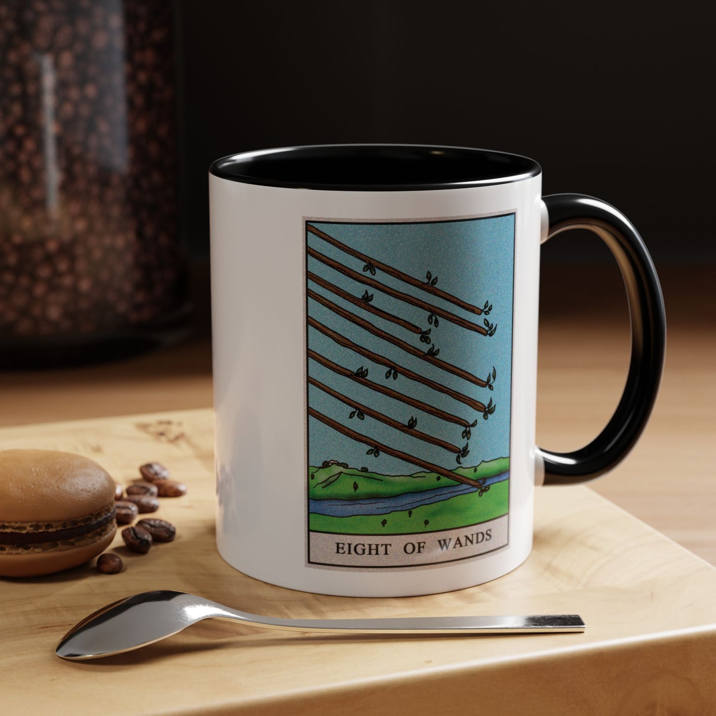 Eight of Wands Tarot Card Coffee Mug - Double Sided Print, Black Accent White Ceramic, 11oz by TheGlassyLass.com