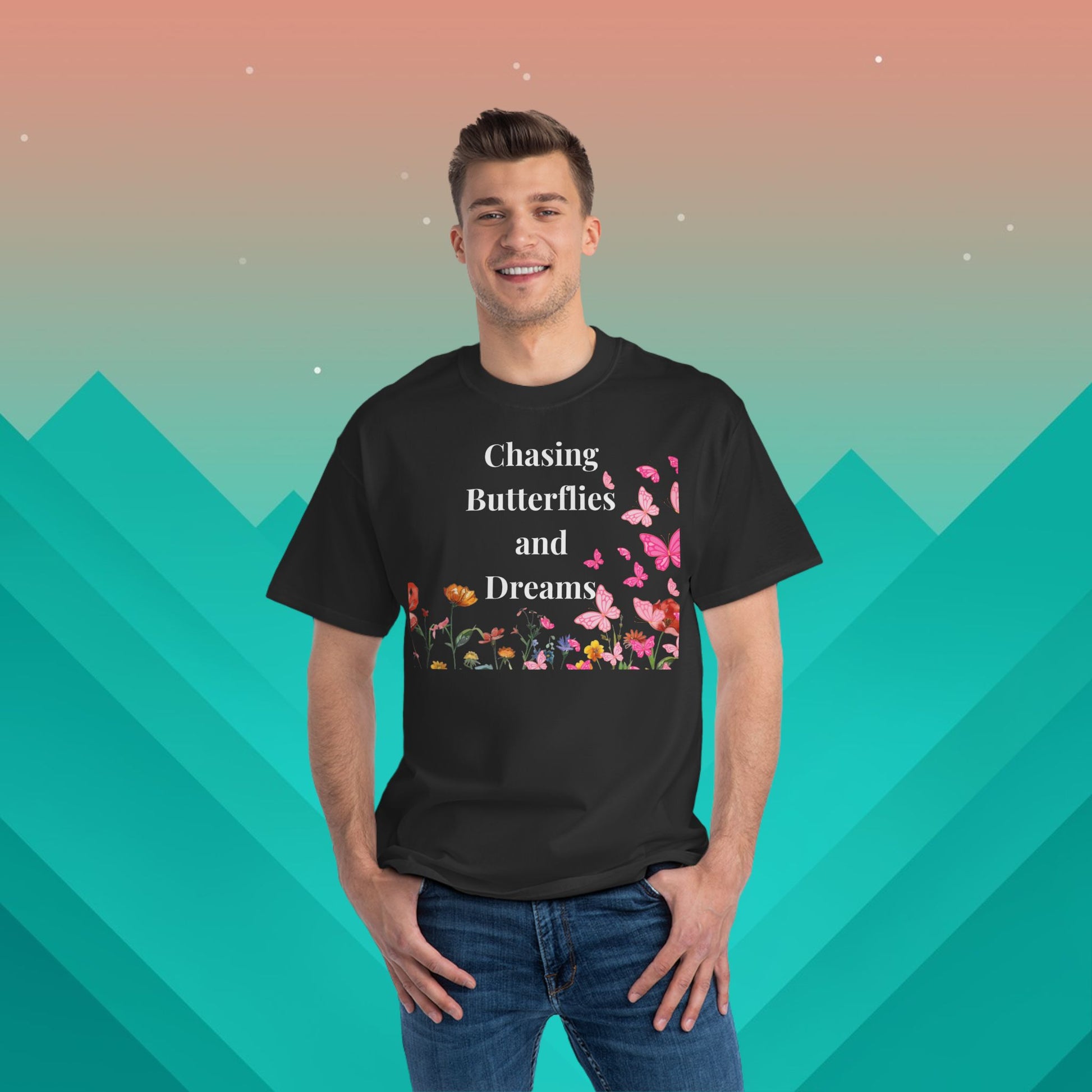 Chasing Butterflies and Dreams Flower Power T-Shirt: (Hanes Beefy-T 100% Preshrunk Cotton Custom Printed by TheGlassyLass.com