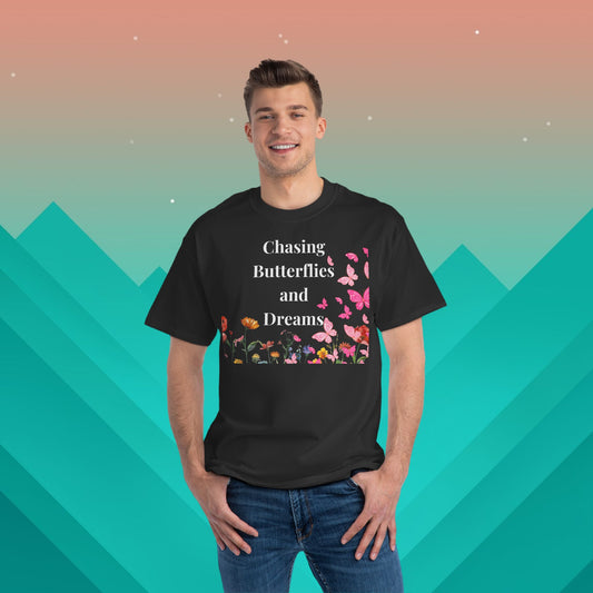 Chasing Butterflies and Dreams Flower Power T-Shirt: (Hanes Beefy-T 100% Preshrunk Cotton Custom Printed by TheGlassyLass.com