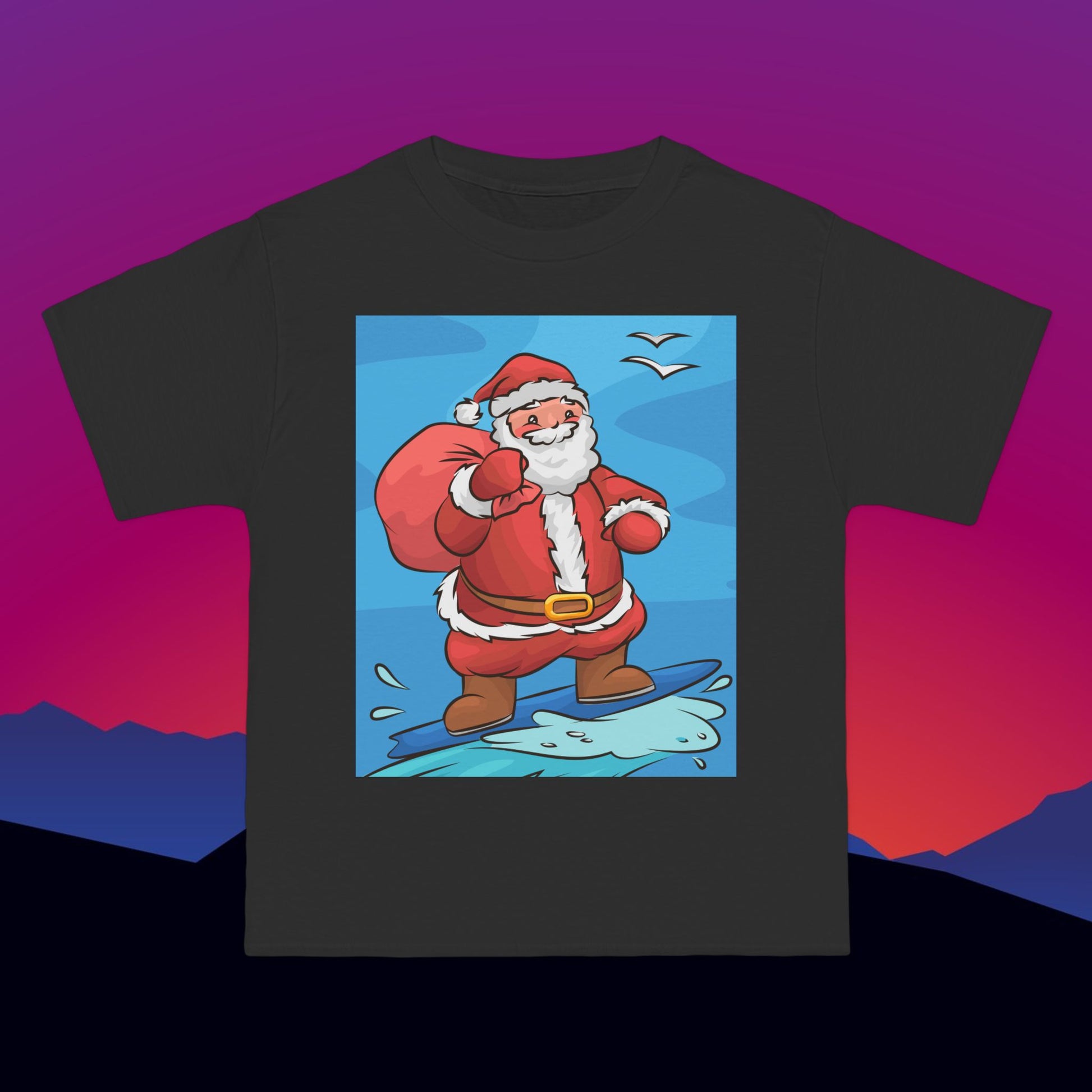Surfing Santa in Australia Christmas T-Shirt: (Hanes Beefy-T 100% Preshrunk Cotton Custom Printed by TheGlassyLass.com