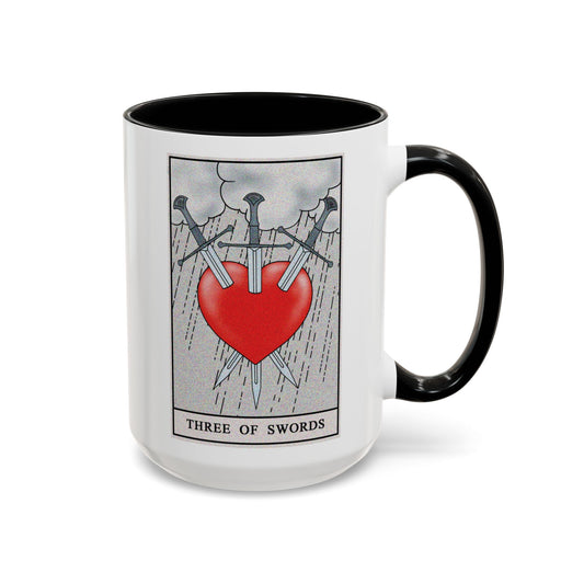Three of Swords Tarot Card Coffee Mug - Double Sided Black Accent White Ceramic 15oz by TheGlassyLass.com