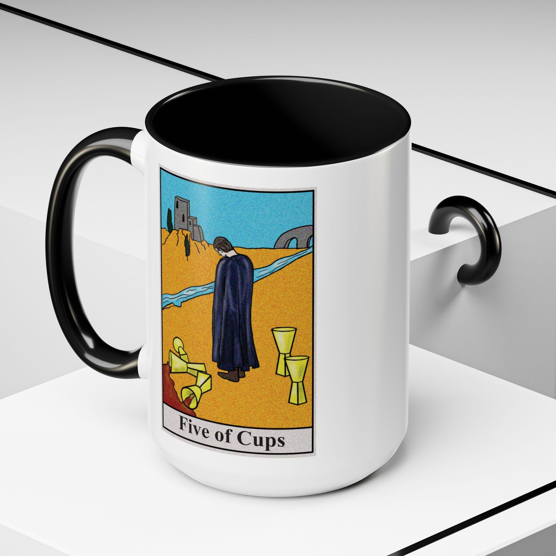 Five of Cups Tarot Card Coffee Mug - Double Sided Black Accent White Ceramic 15oz by TheGlassyLass.com