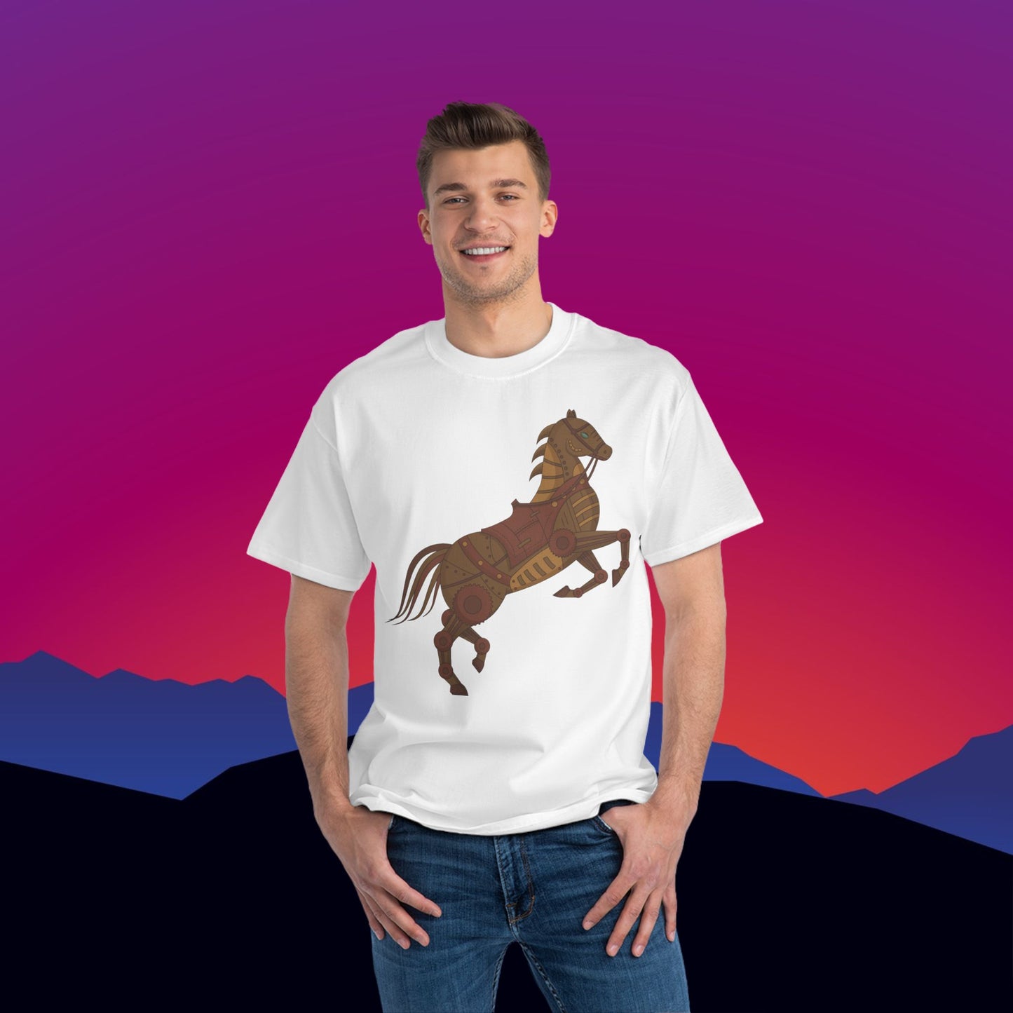 Steampunk Battle Horse T-Shirt: (Hanes Beefy-T 100% Preshrunk Cotton Custom Printed by TheGlassyLass.com