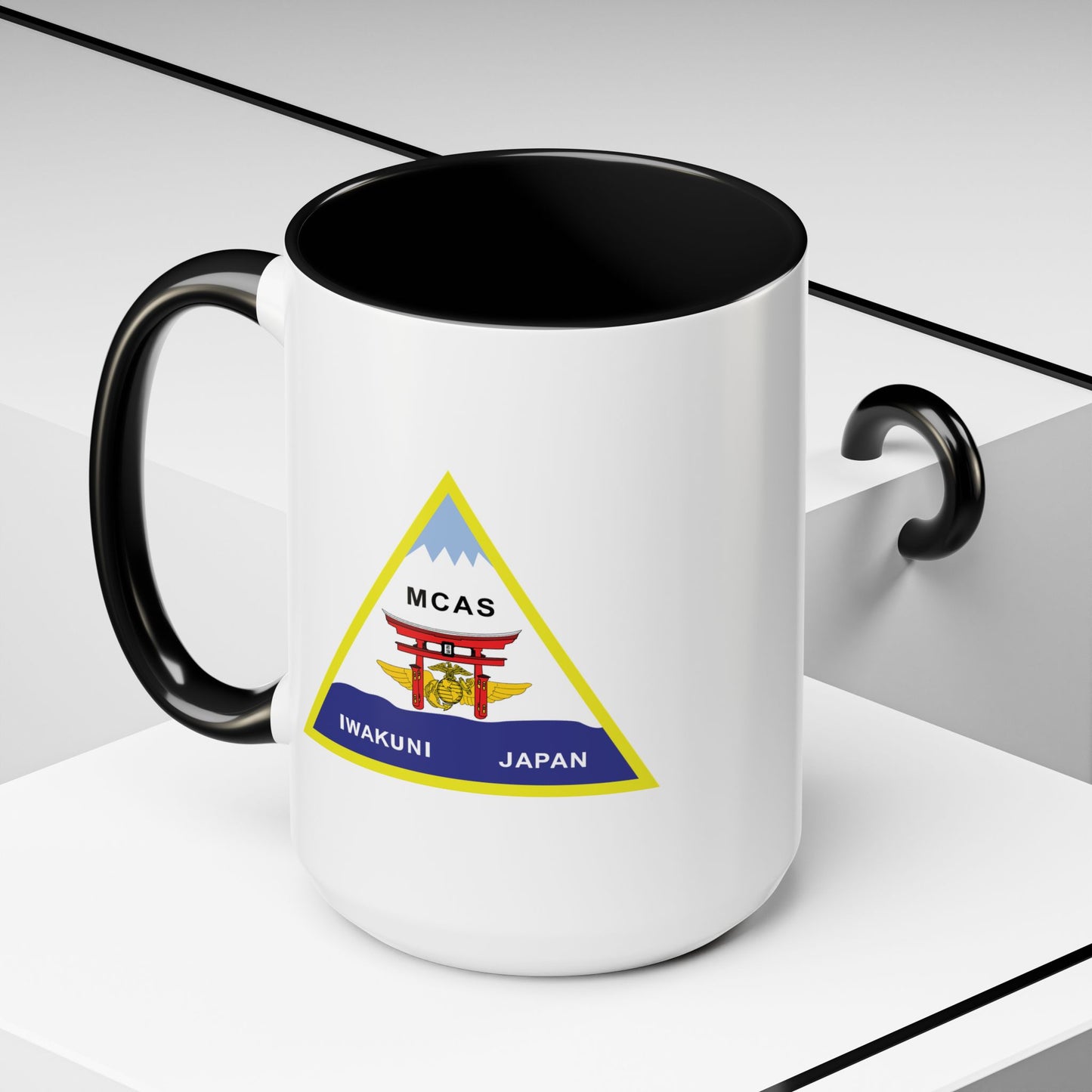 Marine Corps Air Station Iwakuni Japan Coffee Mug - Double Sided Black Accent White Ceramic 15oz by TheGlassyLass.com