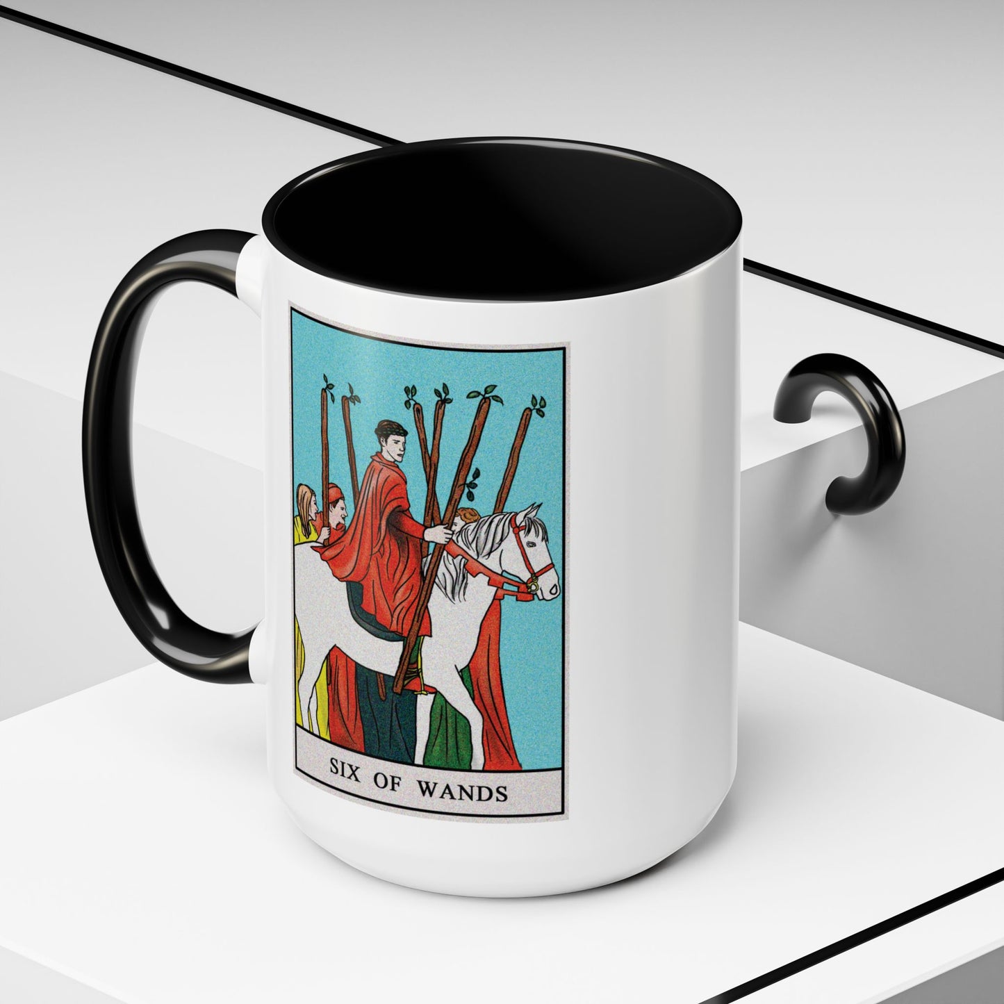 Six of Wands Tarot Card Coffee Mug - Double Sided Black Accent White Ceramic 15oz by TheGlassyLass.com