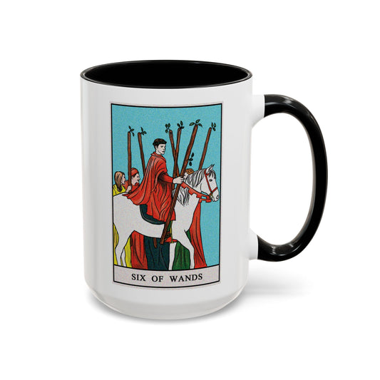 Six of Wands Tarot Card Coffee Mug - Double Sided Black Accent White Ceramic 15oz by TheGlassyLass.com