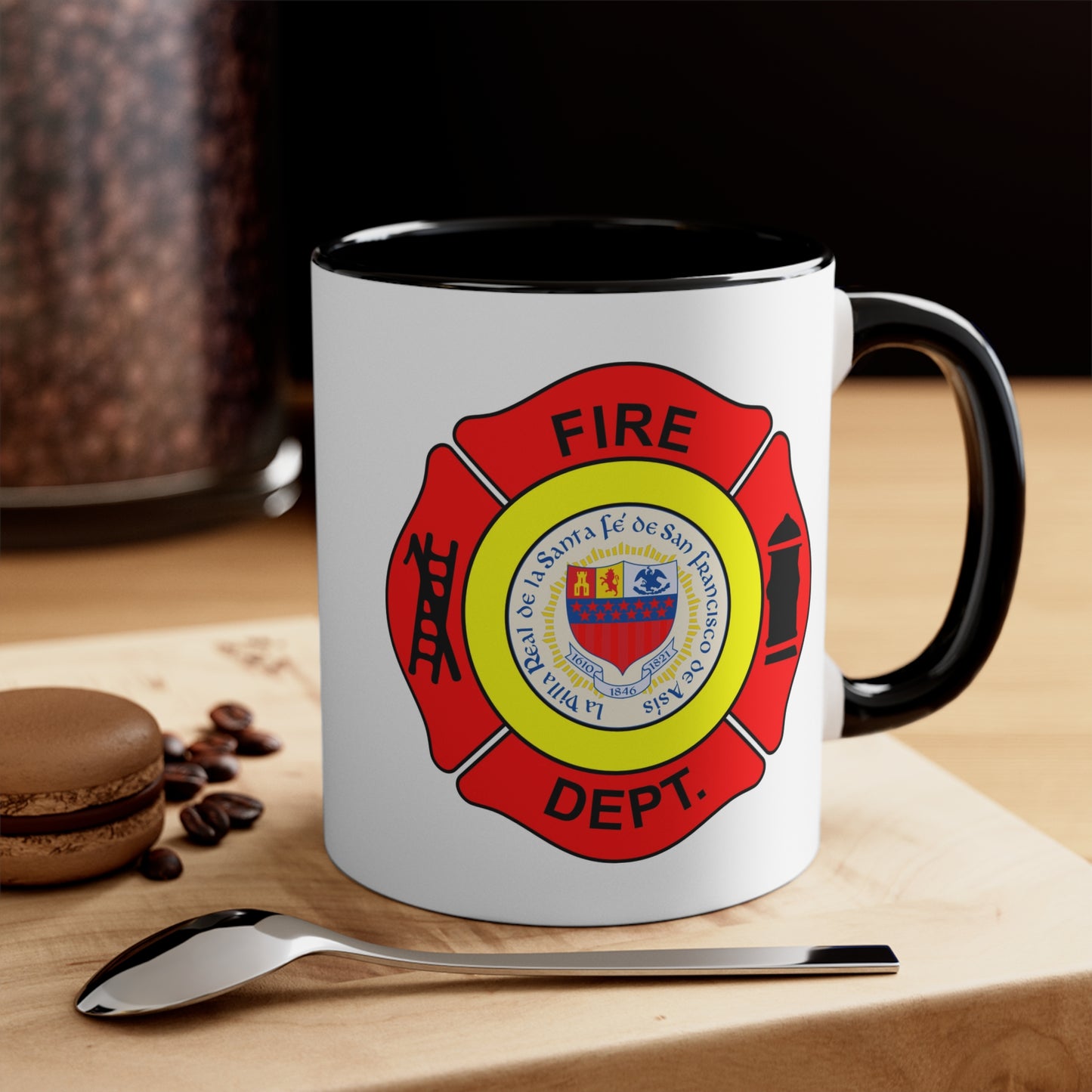 Santa Fe Fire Department Coffee Mug - Double Sided Black Accent White Ceramic 11oz by TheGlassyLass.com