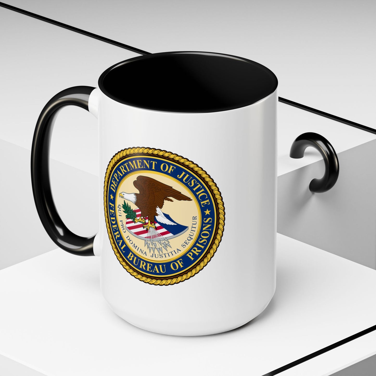 Federal Bureau of Prisons Coffee Mug - Double Sided Black Accent White Ceramic 15oz by TheGlassyLass.com