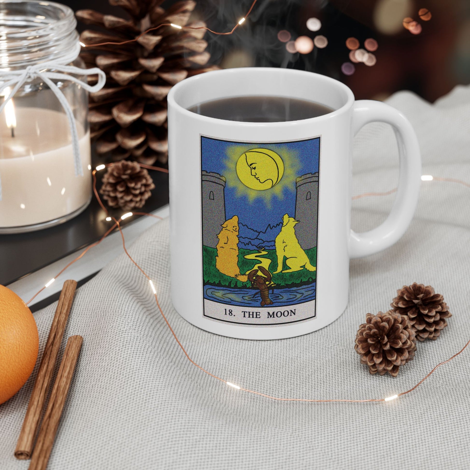 The Moon Tarot Card Coffee Mug - Double Sided Print, White Ceramic, 11oz by TheGlassyLass.com