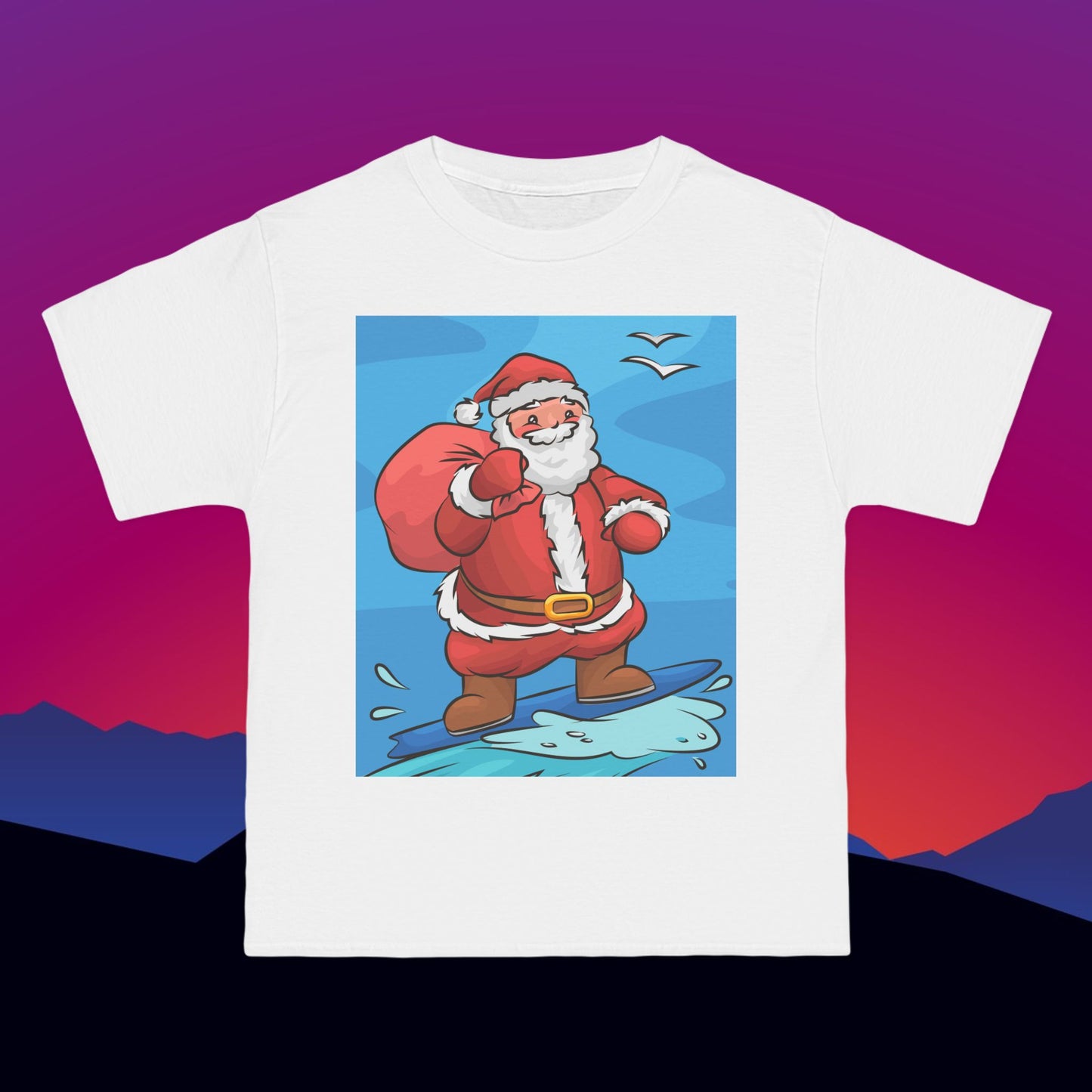 Surfing Santa in Australia Christmas T-Shirt: (Hanes Beefy-T 100% Preshrunk Cotton Custom Printed by TheGlassyLass.com