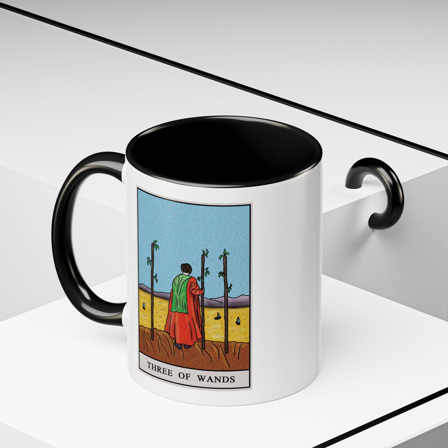 Three of Wands Tarot Card Coffee Mug - Double Sided Print, Black Accent White Ceramic, 11oz by TheGlassyLass.com