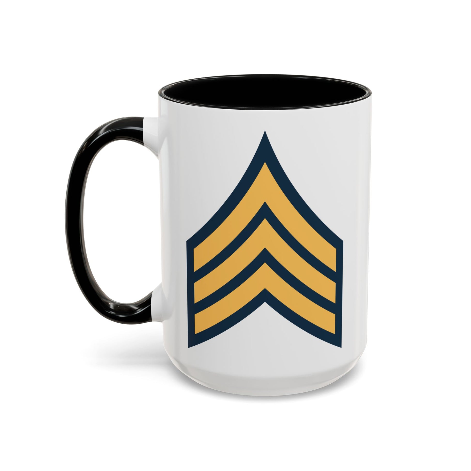 US Army Sergeant (E-5) Stripes Coffee Mug - Double Sided Print, Black Accent White Ceramic, 15oz by TheGlassyLass.com