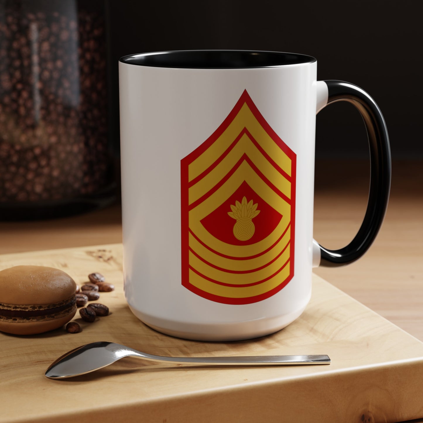 United States Marine Corps Master Gunnery Sergeant (E-9) Chevron Coffee Mug - Double Sided Black Accent White Ceramic 15oz - by TheGlassyLass.com