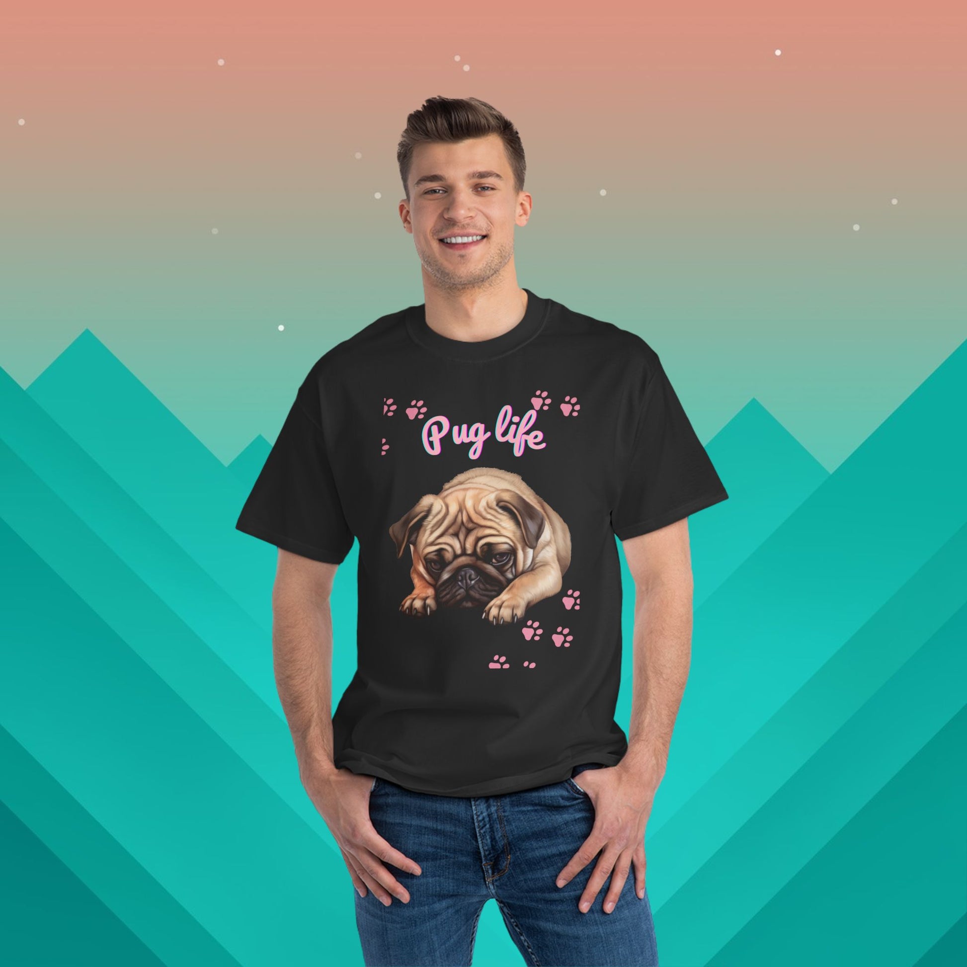 Pug Life T-Shirt: (Hanes Beefy-T 100% Preshrunk Cotton Custom Printed by TheGlassyLass.com