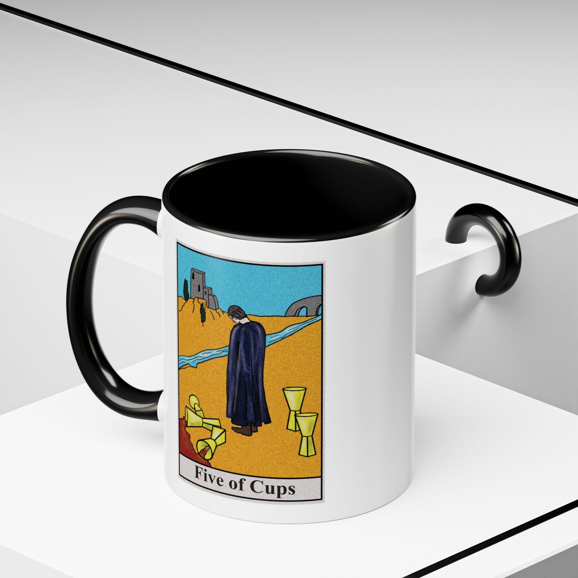 Five of Cups Tarot Card Coffee Mug - Double Sided Print, Black Accent White Ceramic, 11oz by TheGlassyLass.com