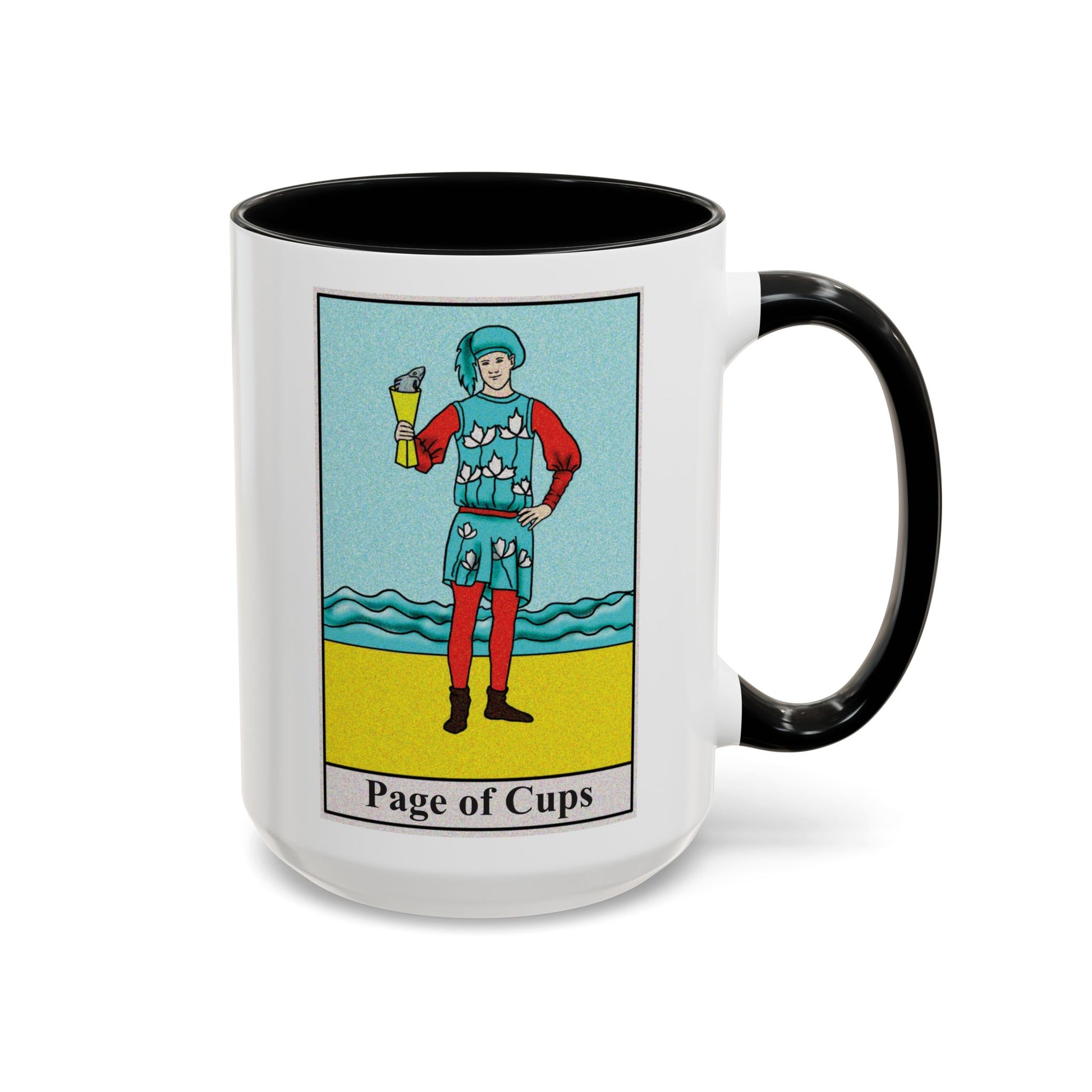 Page of Cups Tarot Card Coffee Mug - Double Sided Black Accent White Ceramic 15oz by TheGlassyLass.com