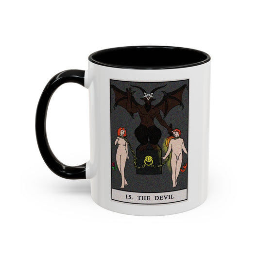 The Devil Tarot Card Coffee Mug - Double Sided Print, Black Accent White Ceramic, 11oz by TheGlassyLass.com