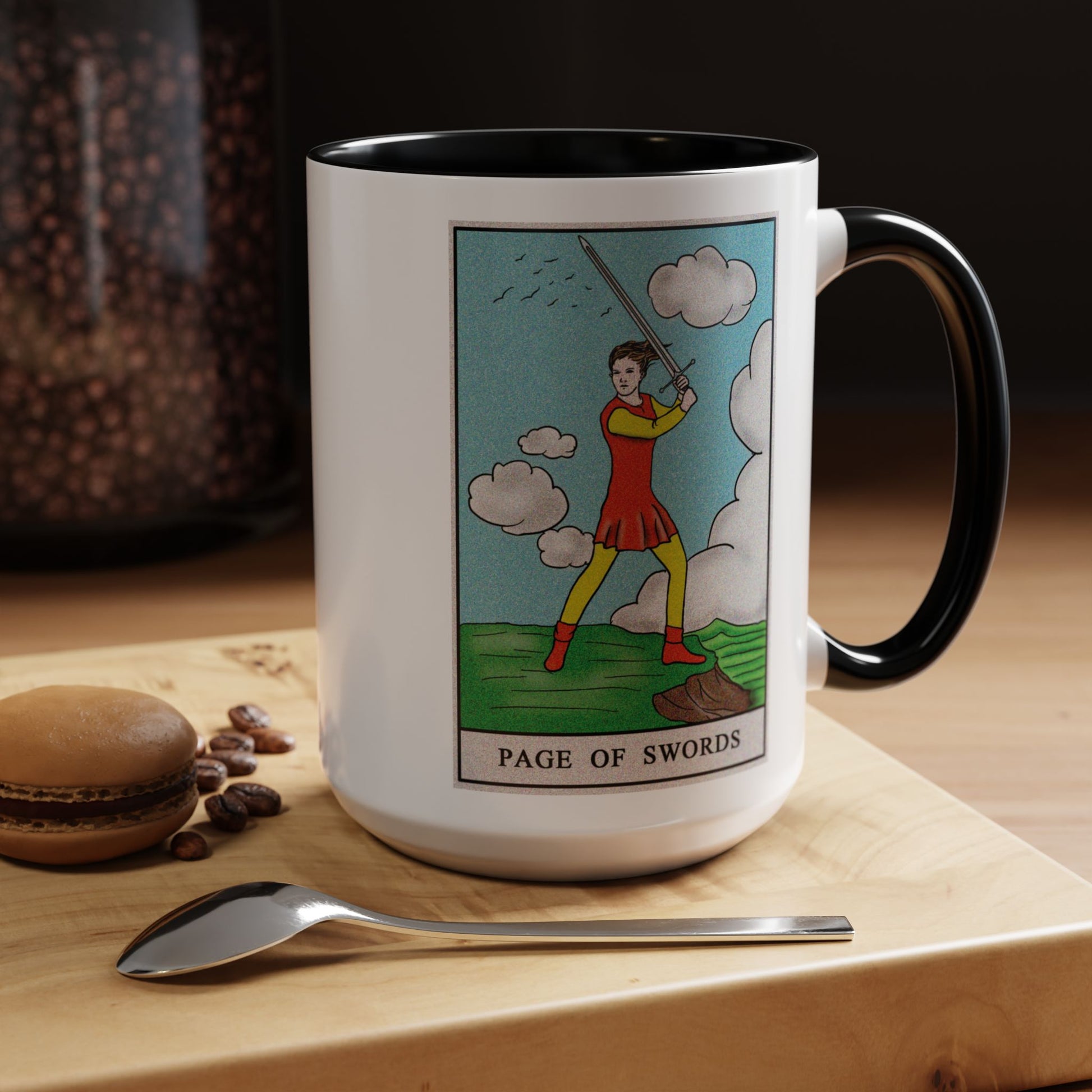 Page of Swords Tarot Card Coffee Mug - Double Sided Black Accent White Ceramic 15oz by TheGlassyLass.com