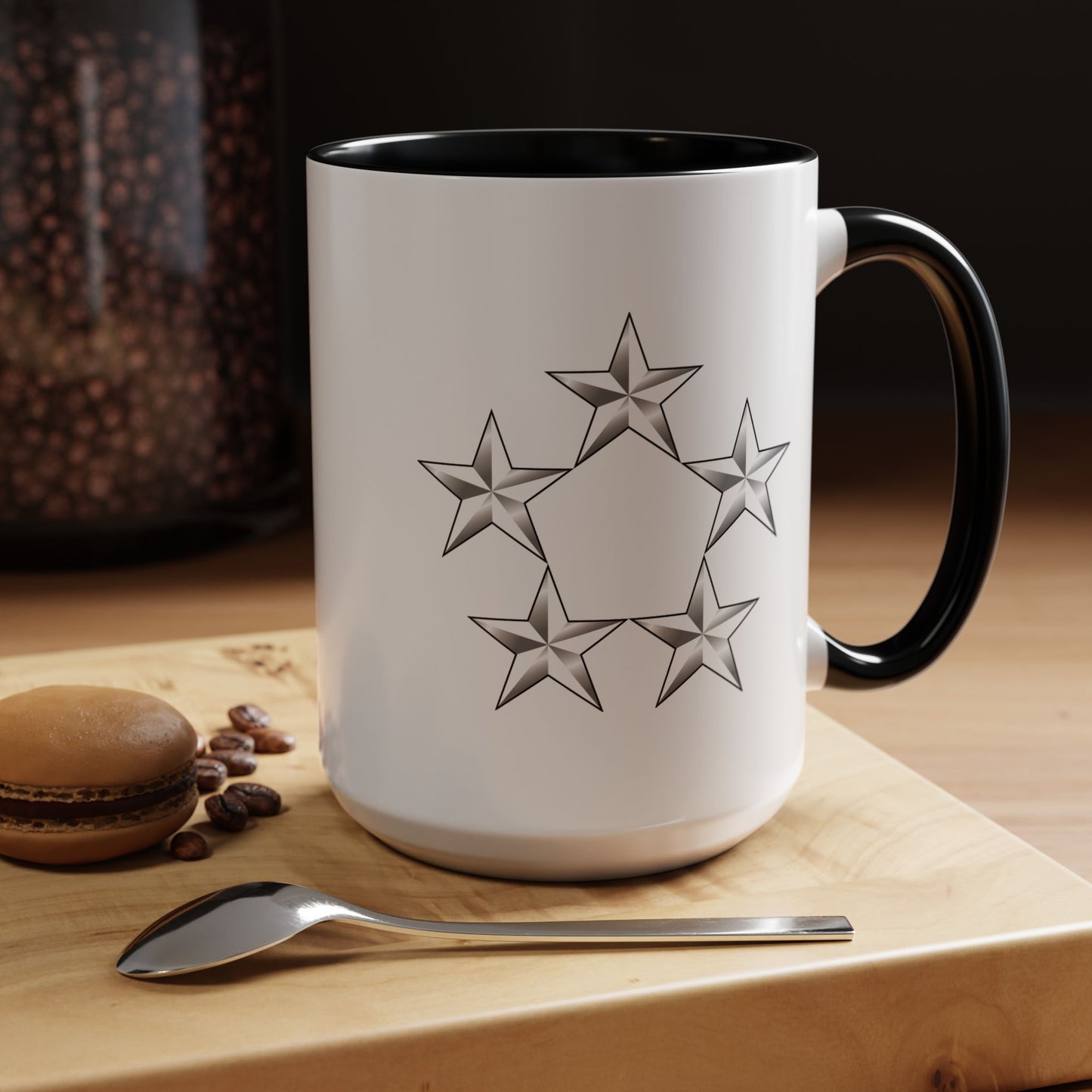 5 Star General Rank Insignia Coffee Mug - Double Sided Black Accent White Ceramic 15oz by TheGlassyLass.com