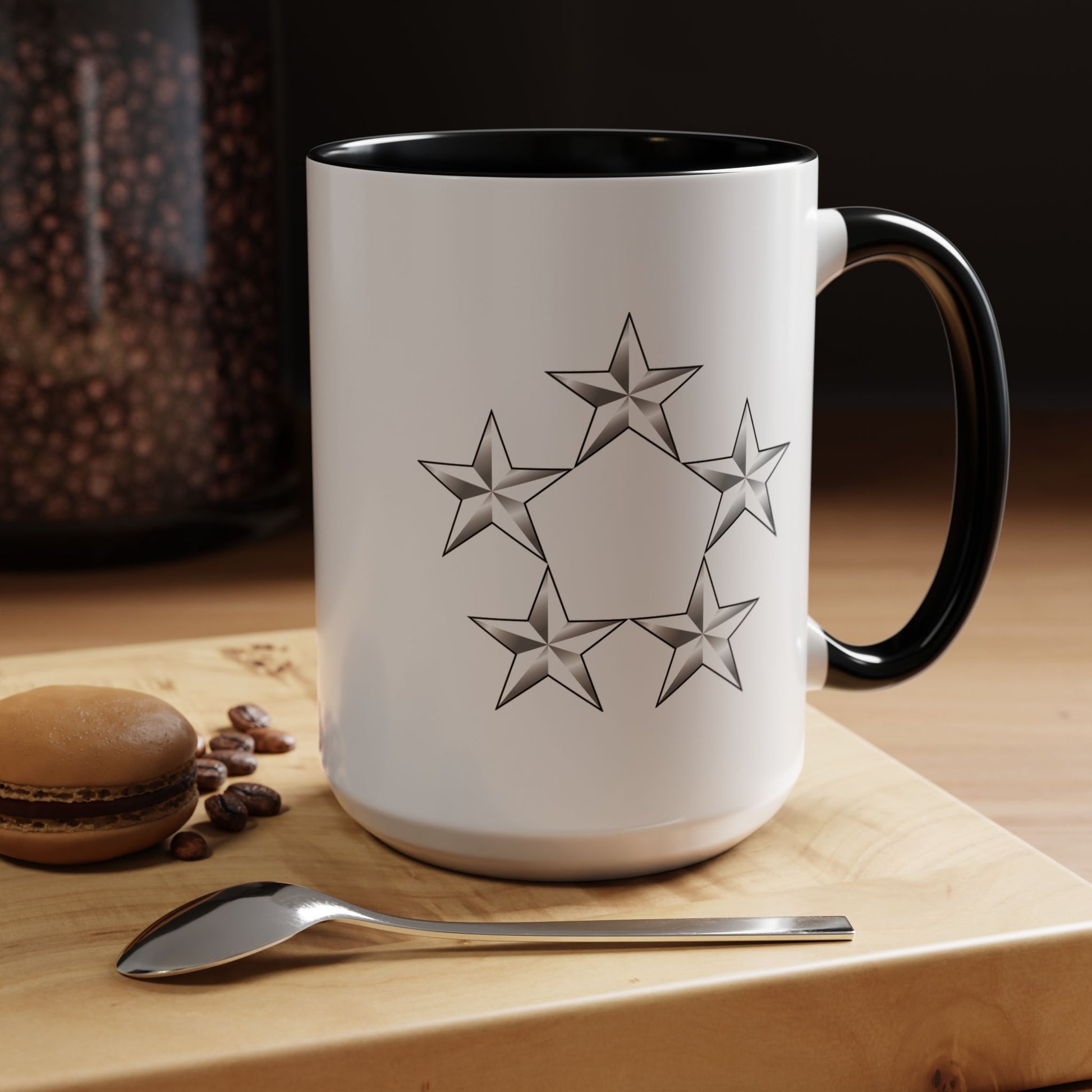 5 Star General Rank Insignia Coffee Mug - Double Sided Black Accent White Ceramic 15oz by TheGlassyLass.com