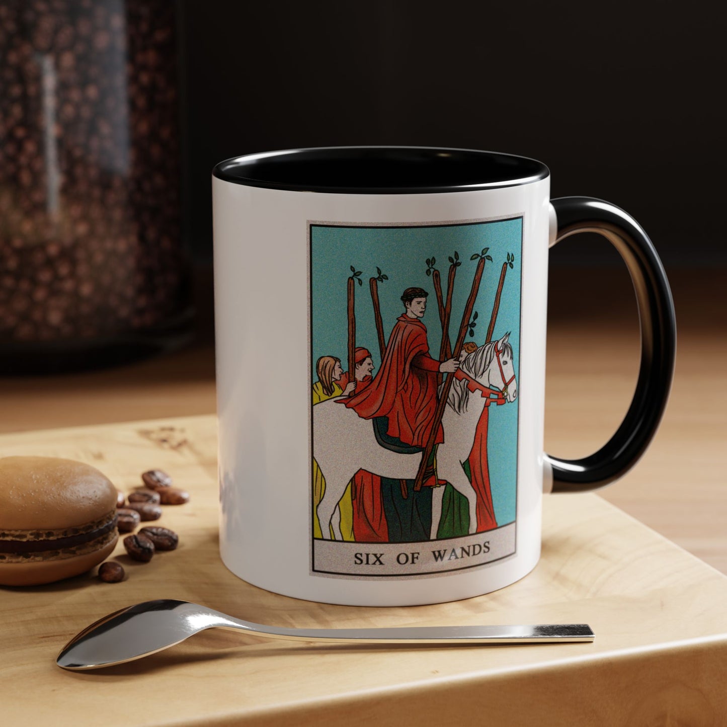 Six of Wands Tarot Card Coffee Mug - Double Sided Print, Black Accent White Ceramic, 11oz by TheGlassyLass.com