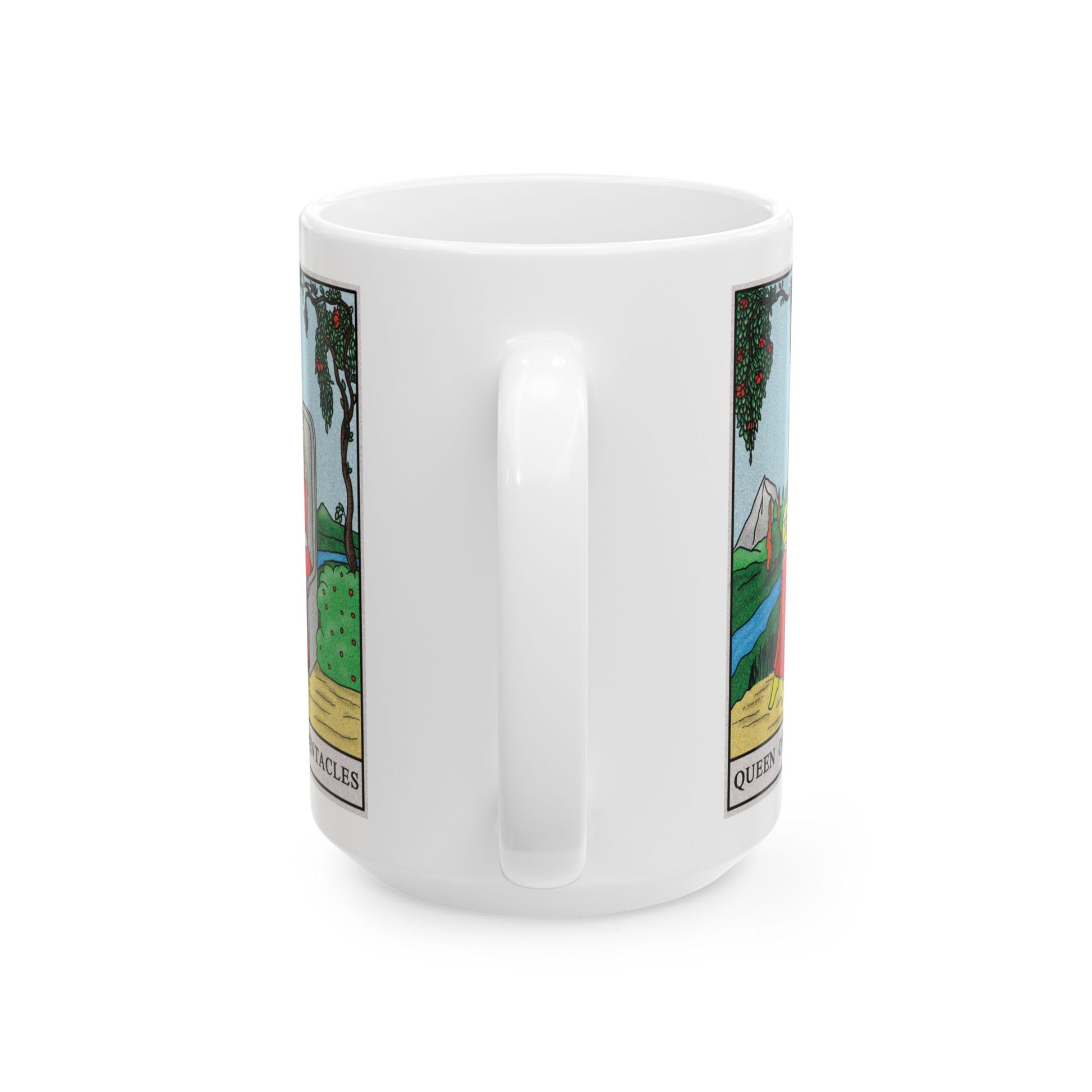 Queen of Pentacles Tarot Card Coffee Mug - Double Sided White Ceramic 15oz by TheGlassyLass.com