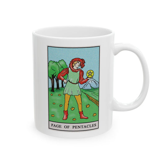 Page of Pentacles Tarot Card Coffee Mug - Double Sided Print, White Ceramic, 11oz by TheGlassyLass.com