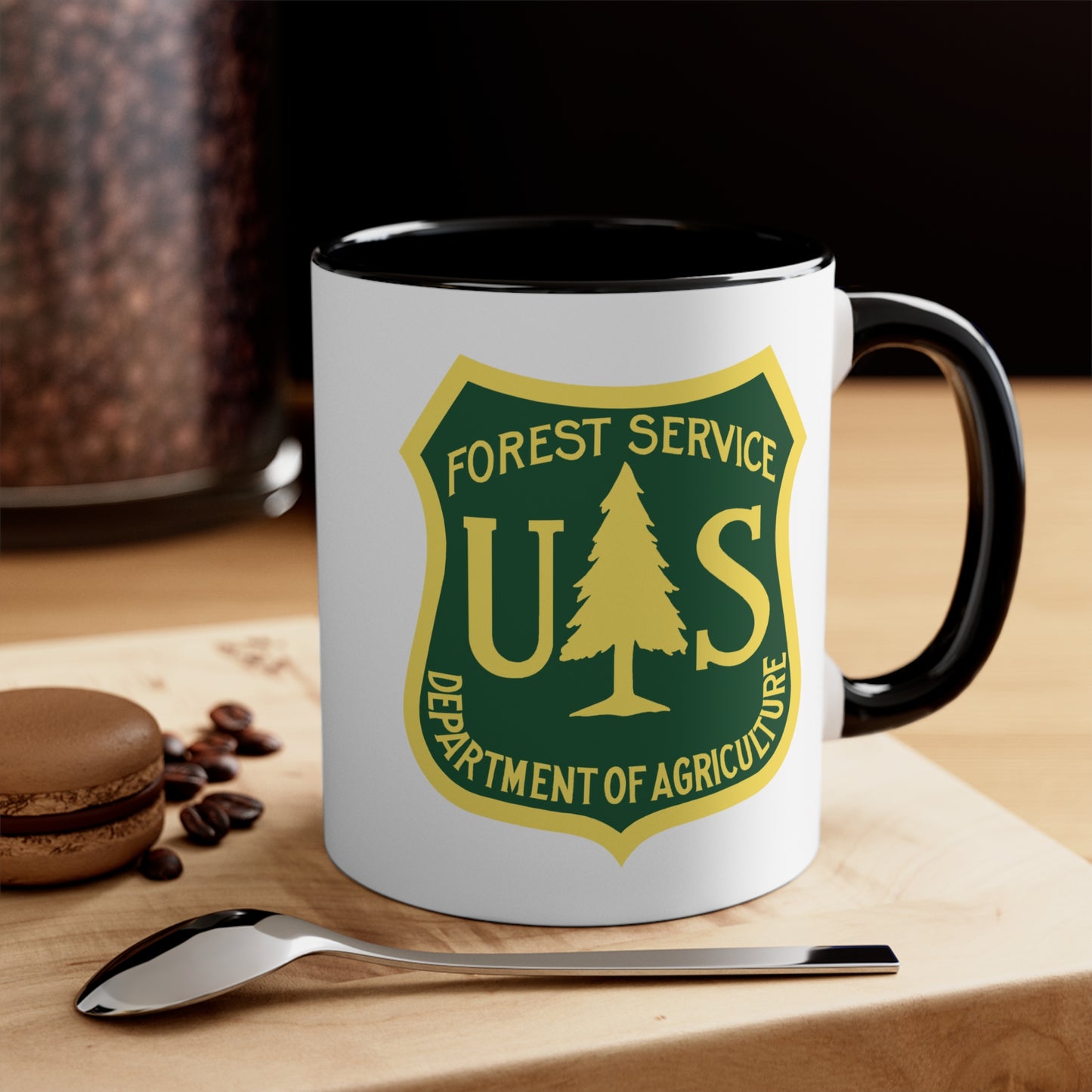 Forest Service Coffee Mug - Double Sided Black Accent White Ceramic 11oz by TheGlassyLass