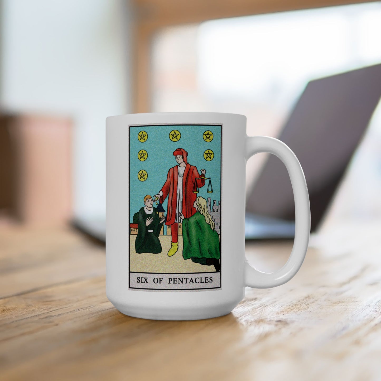 Six of Pentacles Tarot Card Coffee Mug - Double Sided White Ceramic 15oz by TheGlassyLass.com