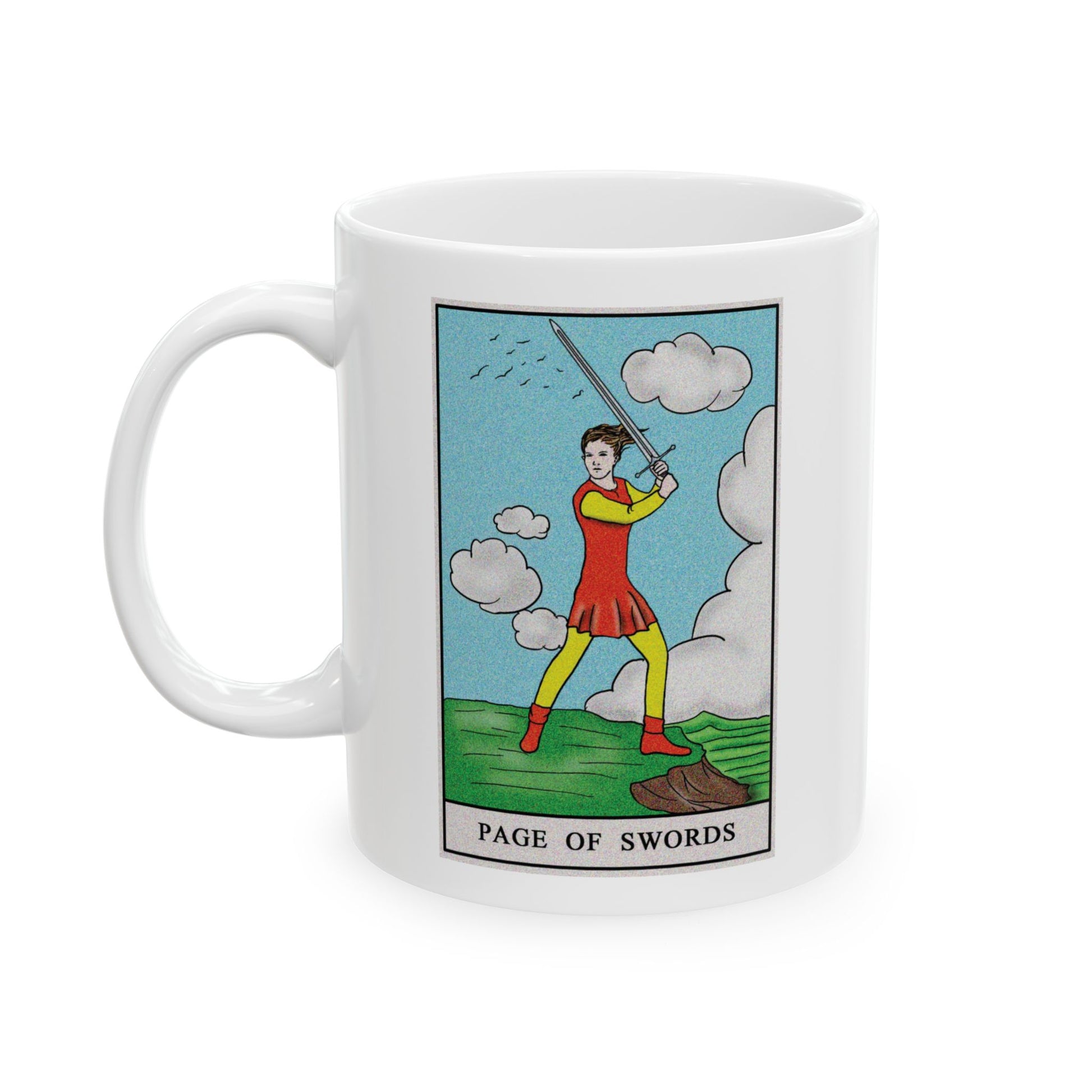 Page of Swords Tarot Card Coffee Mug - Double Sided Print, White Ceramic, 11oz by TheGlassyLass.com