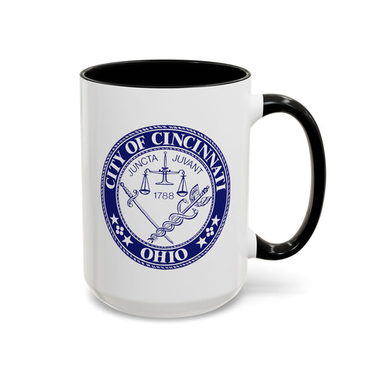 City of Cincinnati Seal Coffee Mug - Double Sided Print, Black Accent White Ceramic, 15oz by TheGlassyLass.com