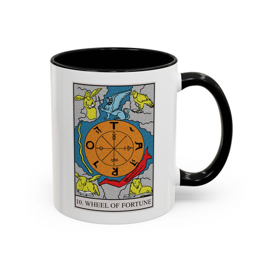 The Wheel of Fortune Tarot Card Coffee Mug - Double Sided Print, Black Accent White Ceramic, 11oz by TheGlassyLass.com