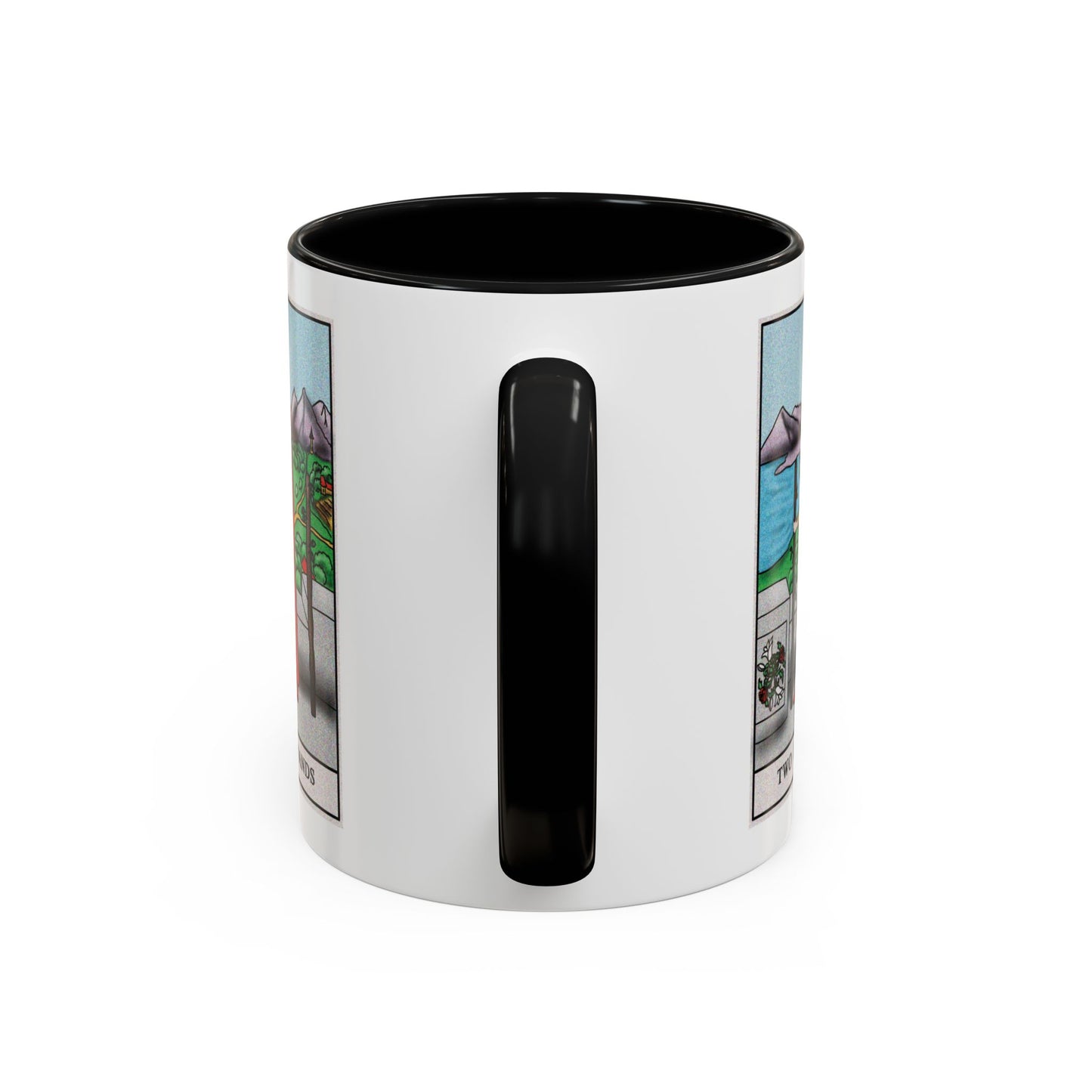 Two of Wands Tarot Card Coffee Mug - Double Sided Print, Black Accent White Ceramic, 11oz by TheGlassyLass.com