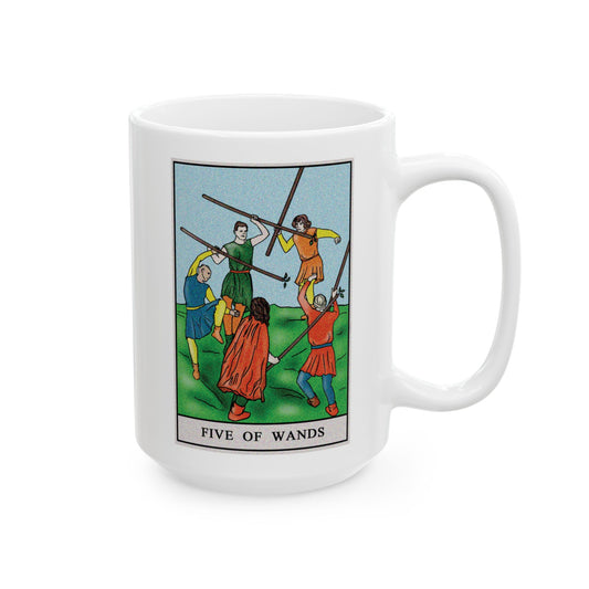 Five of Wands Tarot Card Coffee Mug - Double Sided White Ceramic 15oz by TheGlassyLass.com