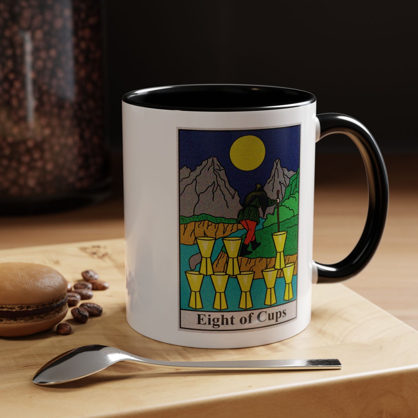 Eight of Cups Tarot Card Coffee Mug - Double Sided Print, Black Accent White Ceramic, 11oz by TheGlassyLass.com