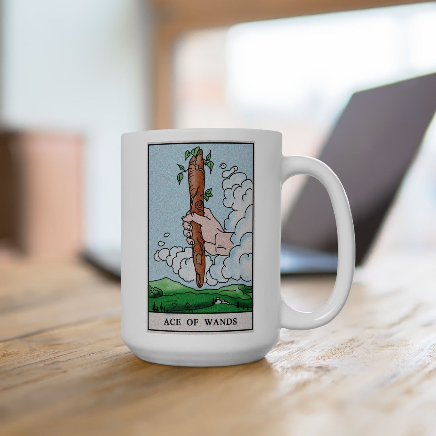 Ace of Wands Tarot Card Coffee Mug - Double Sided White Ceramic 15oz by TheGlassyLass.com