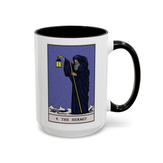 The Hermit Tarot Card Coffee Mug - Double Sided Black Accent White Ceramic 15oz by TheGlassyLass.com