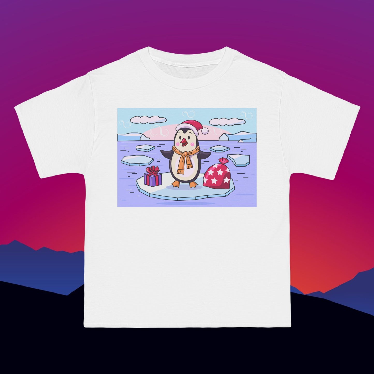 Christmas Penguin T-Shirt: (Hanes Beefy-T 100% Preshrunk Cotton Custom Printed by TheGlassyLass.com