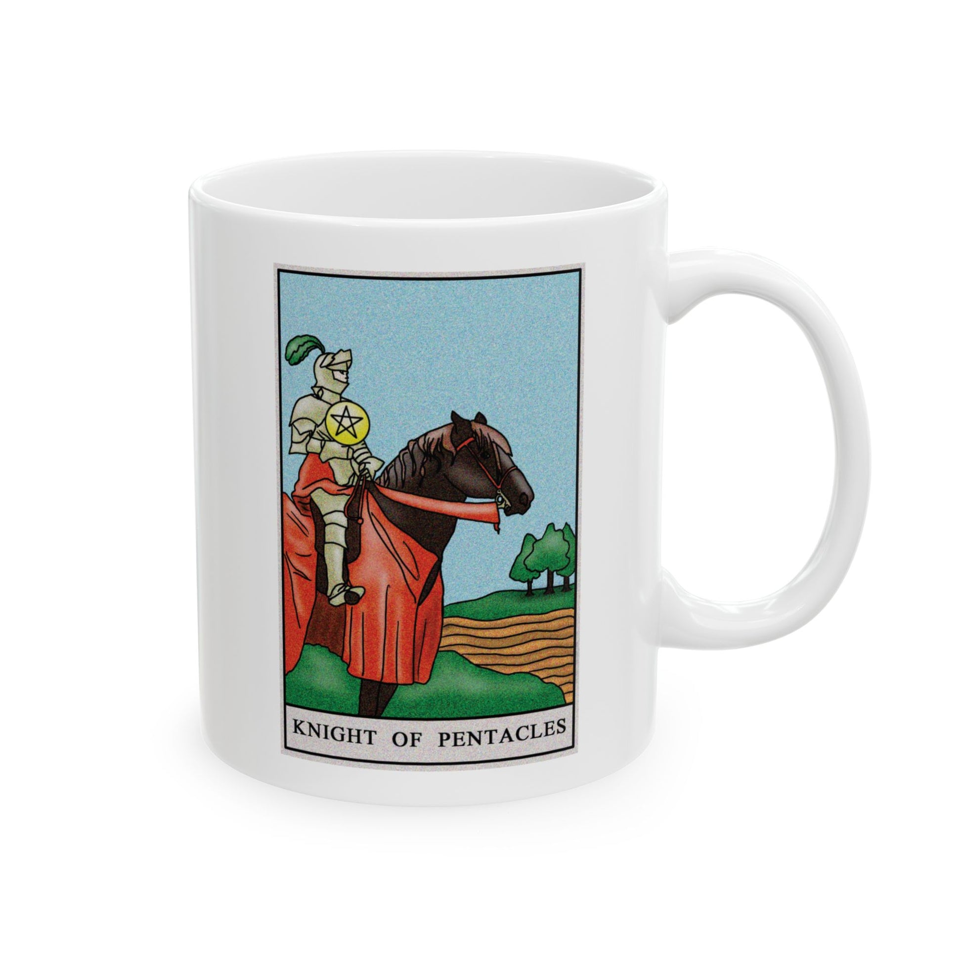 Knight of Pentacles Tarot Card Coffee Mug - Double Sided Print, White Ceramic, 11oz by TheGlassyLass.com