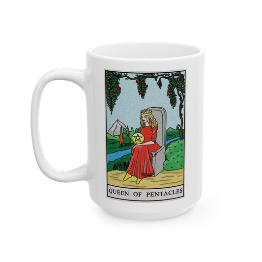 Queen of Pentacles Tarot Card Coffee Mug - Double Sided White Ceramic 15oz by TheGlassyLass.com