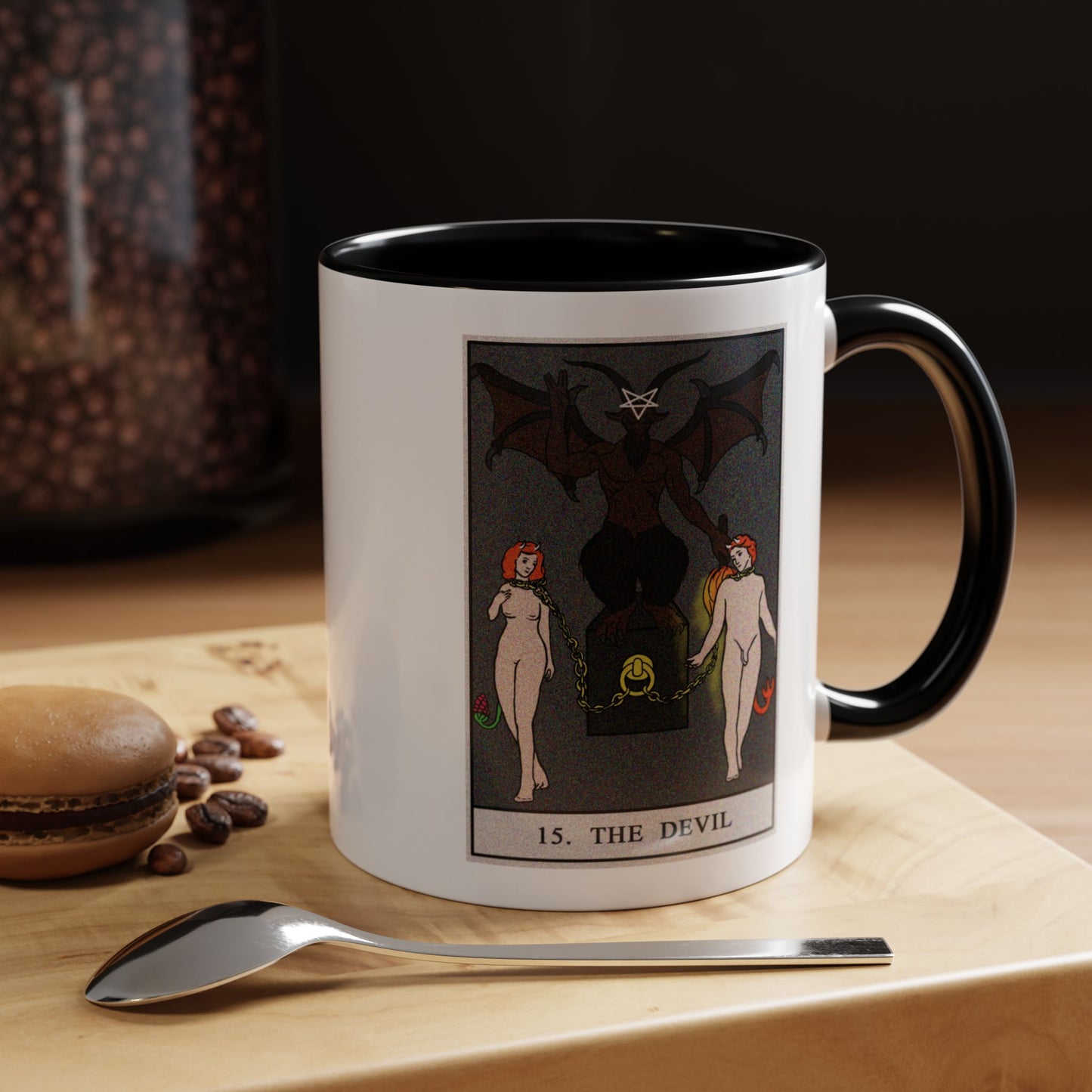The Devil Tarot Card Coffee Mug - Double Sided Print, Black Accent White Ceramic, 11oz by TheGlassyLass.com