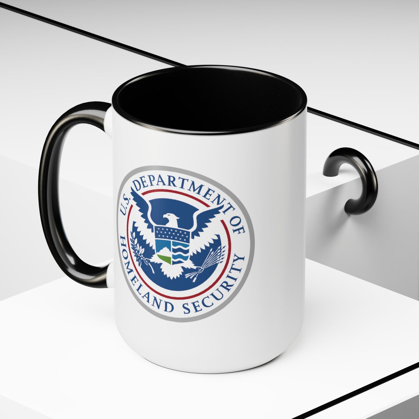 Homeland Security Coffee Mug - Double Sided Black Accent White Ceramic 15oz by TheGlassyLass.com