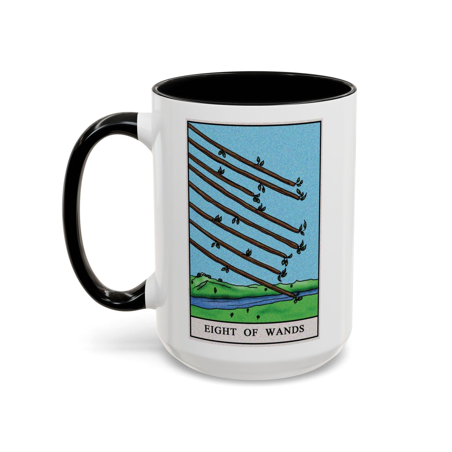 Eight of Wands Tarot Card Coffee Mug - Double Sided Black Accent White Ceramic 15oz by TheGlassyLass.com